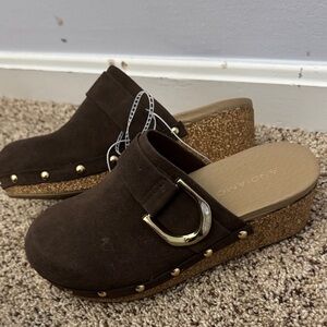 Andiamo Brown Suede Wedge Clogs with Gold Buckle platform.